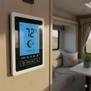 A modern digital thermostat interface used to precisely control a quiet RV air conditioner.