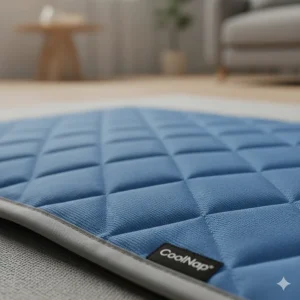 Macro shot of the breathable, soft fabric texture of a new dog cool blanket for heat dissipation.