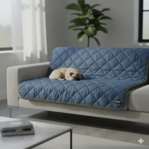 An oversized dog cooling blanket draped over a couch protecting the furniture from pet hair.