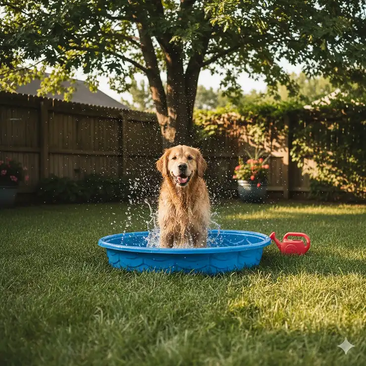 A golden retriever happily cooling off in a shallow wading pool on a hot summer day, demonstrating effective dog cooling techniques.