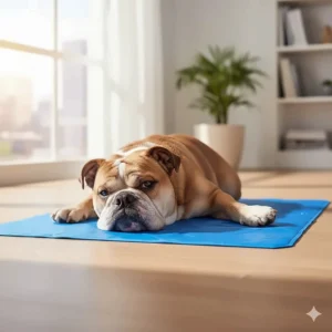 A tired bulldog resting on a specialized pressure-activated dog cooling mat indoors to help lower its body heat.