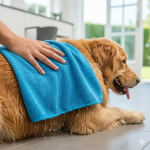 Close-up of a damp, blue dog cooling towel being applied to a hot dog's back for quick relief.