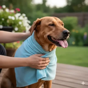 An owner applying a damp, chilled towel around a dog's neck and chest, an immediate relief method for dog cooling after exercise.