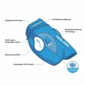 Close-up showing the cooling technology and breathable mesh fabric of a dog cooling vest.
