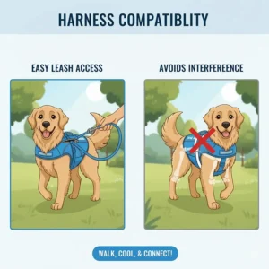 Detail shot of a dog cooling vest with an accessible leash hole for harness compatibility.