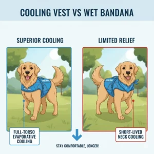 Comparison image showing a dog with a cooling vest versus a dog with a simple wet bandana.