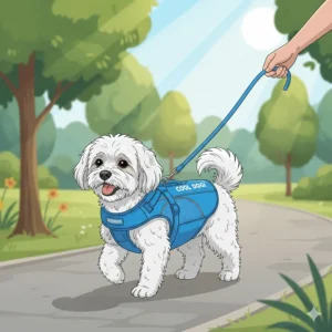 A small dog comfortably wearing a cooling vest while out for a walk on a warm summer afternoon.