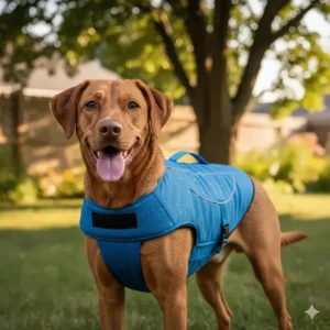 A medium-sized dog wearing a blue cooling vest for dogs to maintain a safe core temperature, a key method for dog cooling.