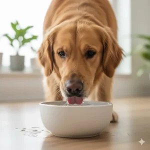 A close-up shot of a dog hydrating by drinking fresh water from a clean bowl, crucial for preventing heatstroke and for proper dog cooling.