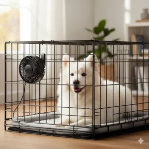 A small clip-on fan attached to a wire kennel provides gentle airflow and air circulation for dog cooling in a crate.