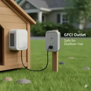 Image of the safe electrical setup, including a ground fault circuit interrupter (GFCI) outlet, used to power a dog house air conditioner.