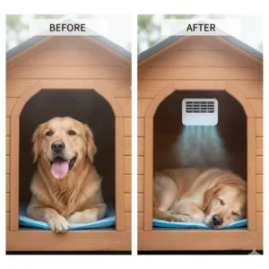 Before and after photos: a panting dog in a hot house, followed by the same dog calmly sleeping next to a running dog house air conditioner.