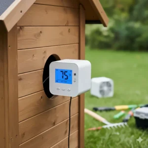 A digital thermostat panel displaying a comfortable 75°F setting for the dog house air conditioner to regulate the internal temperature.