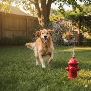 A dog leaping through the fine mist of a garden sprinkler or puppy fountain, a playful and effective method of dog cooling.