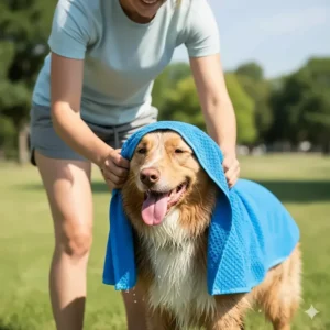 An owner gently placing the cooling towel for their dog over its head and torso during a hot day outdoors.