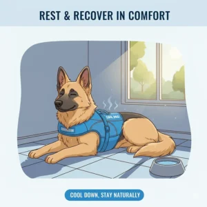 A tired German Shepherd resting indoors with its cooling vest still on, recovering from heat exposure.