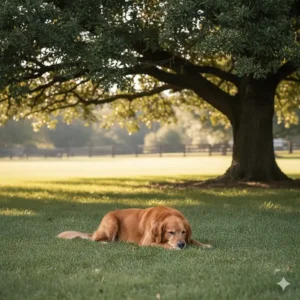 A dog resting comfortably under the shade of a large tree on a sunny day, illustrating the importance of shade for natural dog cooling.