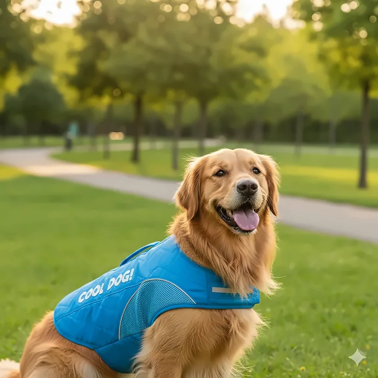 Happy golden retriever wearing a blue cooling vest in the park on a sunny day to prevent overheating. cooling vest for dogs
