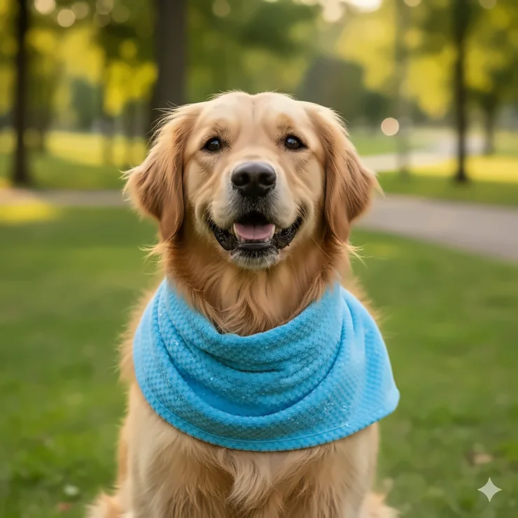 A happy golden retriever wearing a cooling towel for dogs around its neck after a summer walk, looking refreshed.