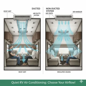 A cross-section diagram showing the difference between ducted and non-ducted quiet RV air conditioner systems.