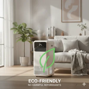 Graphic of a leaf symbol intertwined with a water-cooled air conditioner, emphasizing its eco-friendly nature and lack of harmful refrigerants.