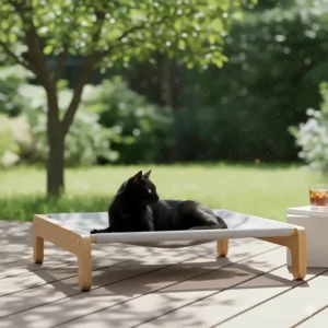 An elevated, breathable mesh cooling cat bed hammock, designed to allow maximum airflow for superior comfort.