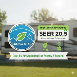 A graphic showing the energy efficiency rating of a high-performance, quiet RV air conditioner model.