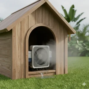 An alternative dog house cooler, showing an evaporative cooling unit as a non-refrigerant option for humid climates.