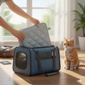 A lightweight, foldable cooling cat bed being easily packed into a travel carrier, emphasizing its portability.
