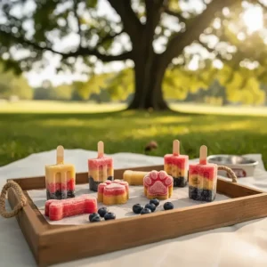 Homemade frozen dog treats or dog popsicles on a tray, a delicious and fun way to promote dog cooling internally.