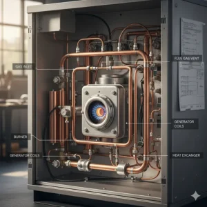 Internal component view of the gas-fired burner and heat exchanger found in an absorption chiller.