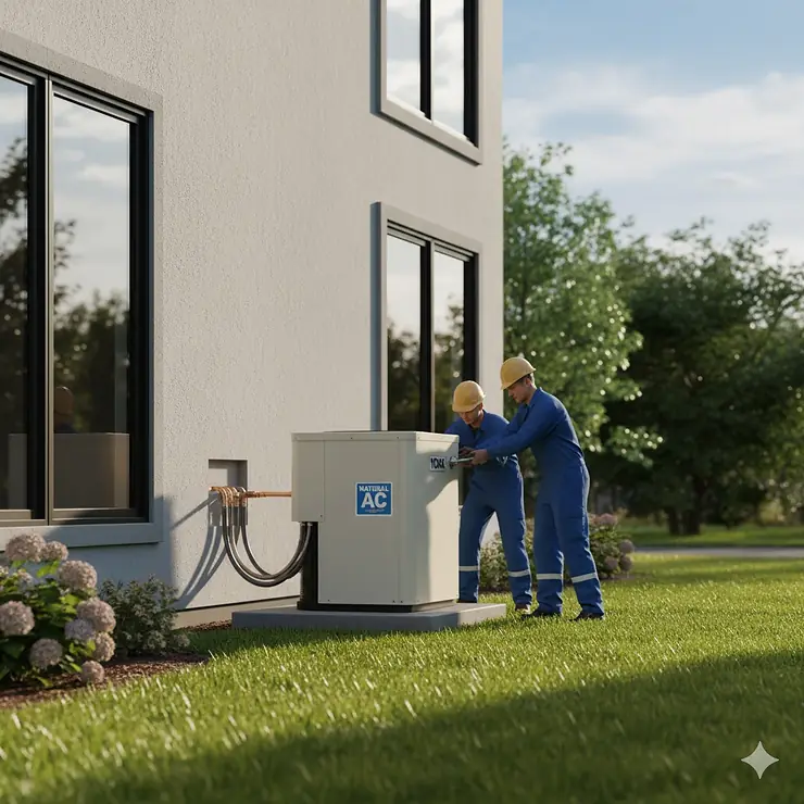 Gas air conditioner unit being installed on the side of a modern home, showing the compact outdoor component.