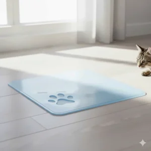 Close-up of a pressure-activated, self-cooling cat bed gel mat, showing the cool-touch, non-toxic material for indoor use.