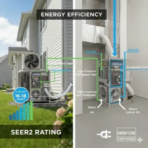 Detailed internal diagram illustrating the high-efficiency scroll compressor and copper-tube, aluminum-fin coil inside a Goodman 2 ton air conditioner unit.