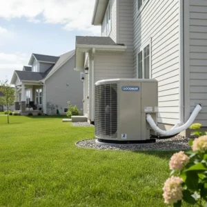 Professional installation of a Goodman 2 ton AC split system, showing the exterior condenser unit connected to the refrigerant lines and electrical conduit.