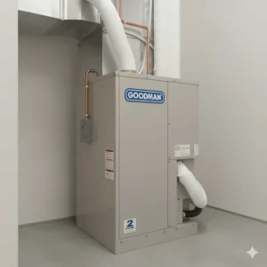 Complete indoor HVAC system showing a Goodman 2 ton air conditioner evaporator coil mounted above a high-efficiency gas furnace in a basement setting.