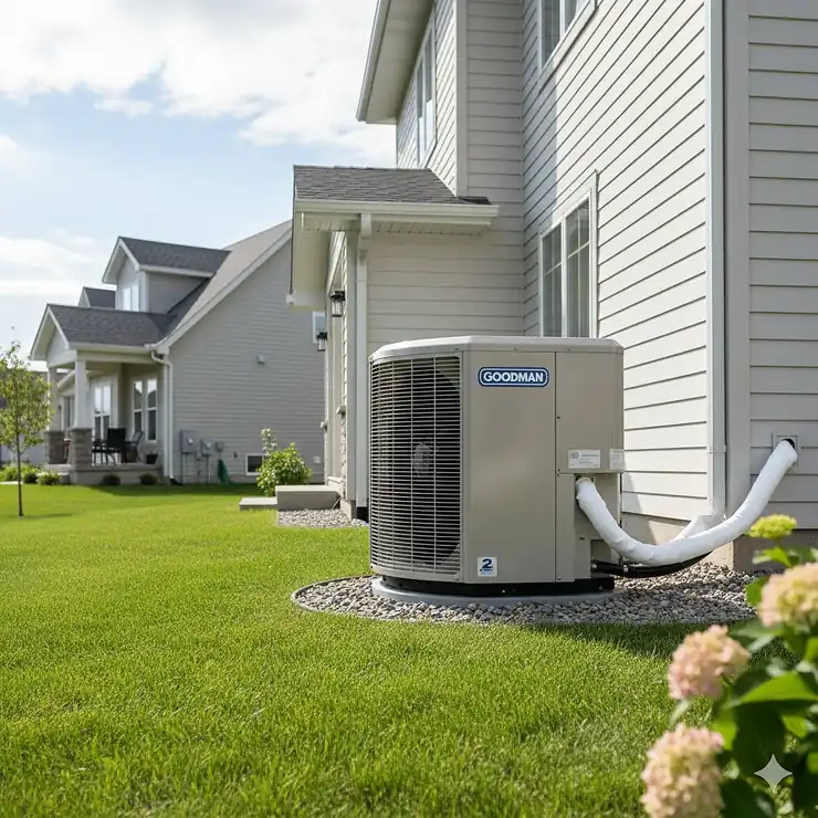 Goodman 2 ton air conditioner condenser unit installed on a suburban home foundation, featuring a high-efficiency single-stage compressor and quiet operation.