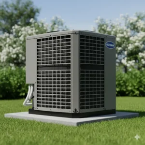 Close-up view of the durable louvered cabinet on the Goodman 3 ton air conditioner outdoor unit.