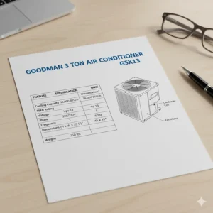Detailed specifications and dimensions of the Goodman 3 ton air conditioner model GSX13.