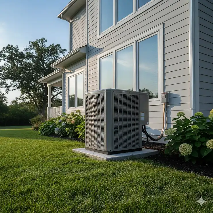 Goodman 3 ton air conditioner outdoor unit installed beside a modern home.