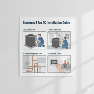 Step-by-step installation diagram for a Goodman 3 ton central air conditioner system.