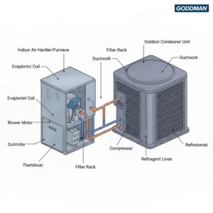 Diagram showing the main components of a Goodman 3 ton AC unit, including the compressor and condenser coil.