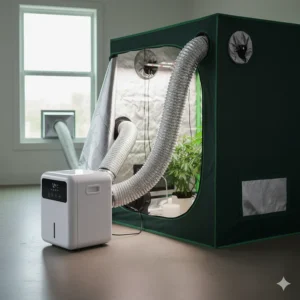 Proper exhaust venting from a grow tent air conditioner directing heat outside.