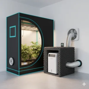 Acoustic baffling used for noise reduction around a running grow tent air conditioner.