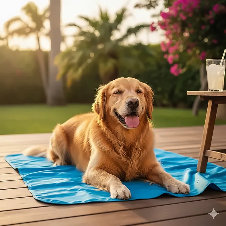 A happy Golden Retriever lying comfortably on a blue dog cool blanket on a sunny day.