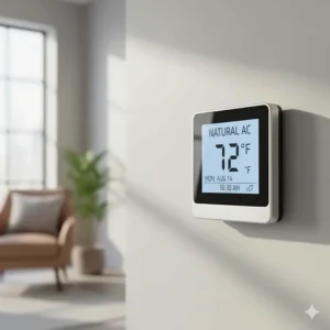 Smart home thermostat set to a comfortable temperature, powered by an efficient gas air conditioner.