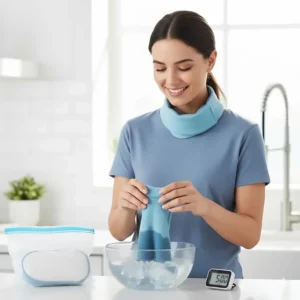 Demonstrating the easy steps to activate your cooling neck wrap by submerging it in water.