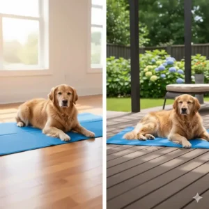 Large dog cooling mat placed both indoors on a floor and outdoors on a patio for versatile use.