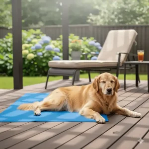 A golden retriever, a large dog, sprawled out on a cooling mat, enjoying the heat relief.