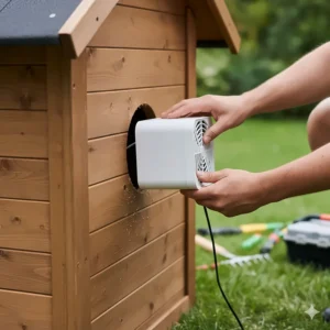 Close-up of a compact, portable dog house air conditioner being mounted through the wall of a kennel for easy installation.